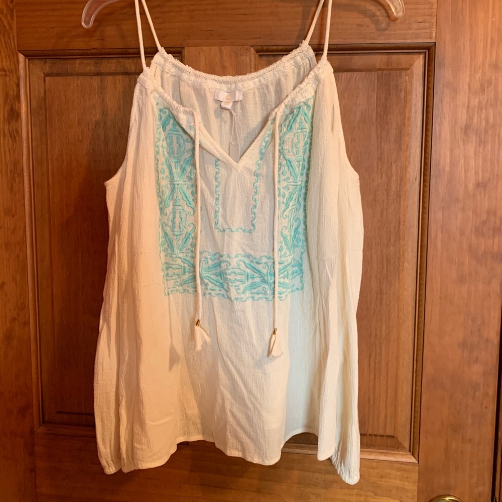White with teal blue embroidery shirt.NEW WITH TAG